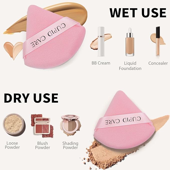 CUPID CARE 6 Pcs Triangle Powder Puff with 2 Travel Cases, Setting Powder Puffs for Face Powder and Foundation, Velour Makeup Puff for Loose Powder Body Powder, Skin-Friendly, Beauty Makeup Tools