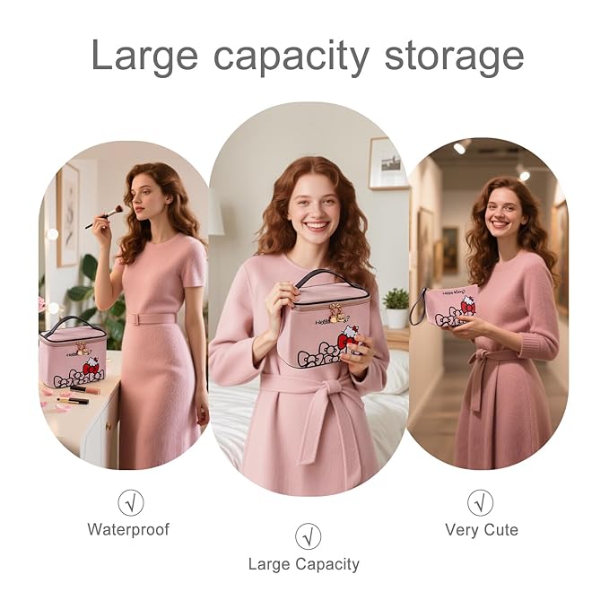 Vimanllie Travel Makeup Bag Large Cosmetic Bags with Brush Holder,Pink Waterproof 2PCS Portable Cosmetic Case for Women,Toiletry Bag for Skincare&Beauty Tools for Her