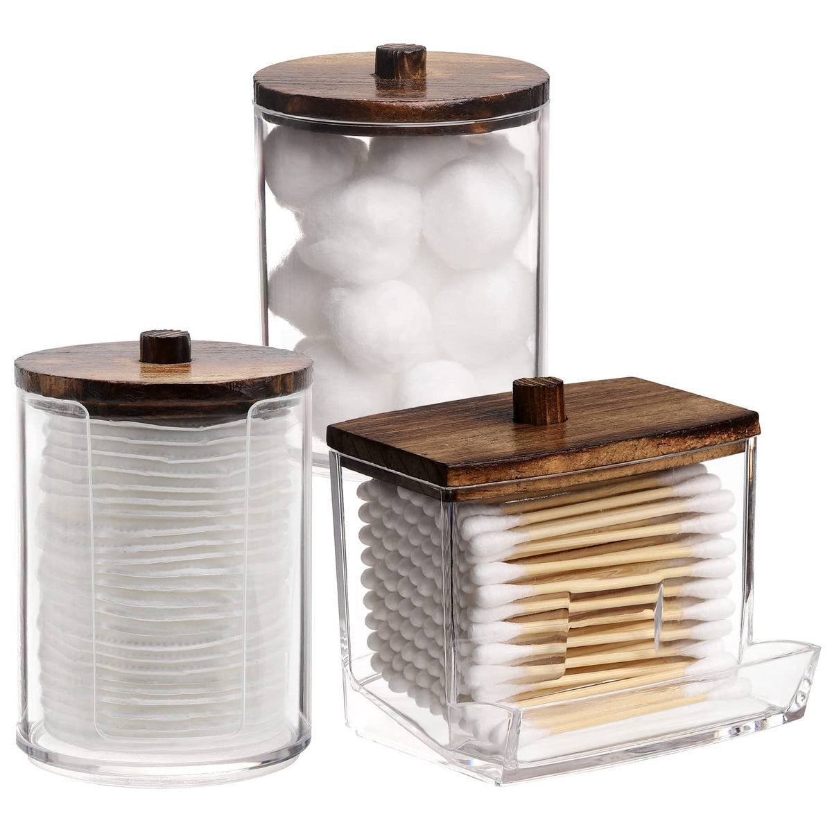 Tbestmax Bathroom Organizer Accessories Set-10 OZ Qtips Holder Storage with Wood Lids, Cotton Ball/Swabs Dispenser, Apothecary Container Jar 3 Pcs