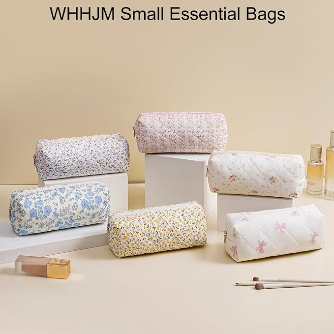 WHHJM Cute Floral Makeup Brush Bag Small Cotton Quilted Cosmetic Bag for Women Travel Toiletry Zipper Make Up Pouch (Pink Small Bowknot)