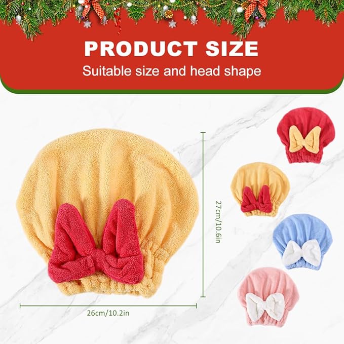 2PCS Microfiber Hair Drying Caps, Christmas Absorbent Hair Towel Wrap for Women Wet Hair Quick-Drying Hair Towels, Soft Bow Tie Wet Hair Towel Wrap for Party Favors Goody Bag Filler (Blue+Yellow)