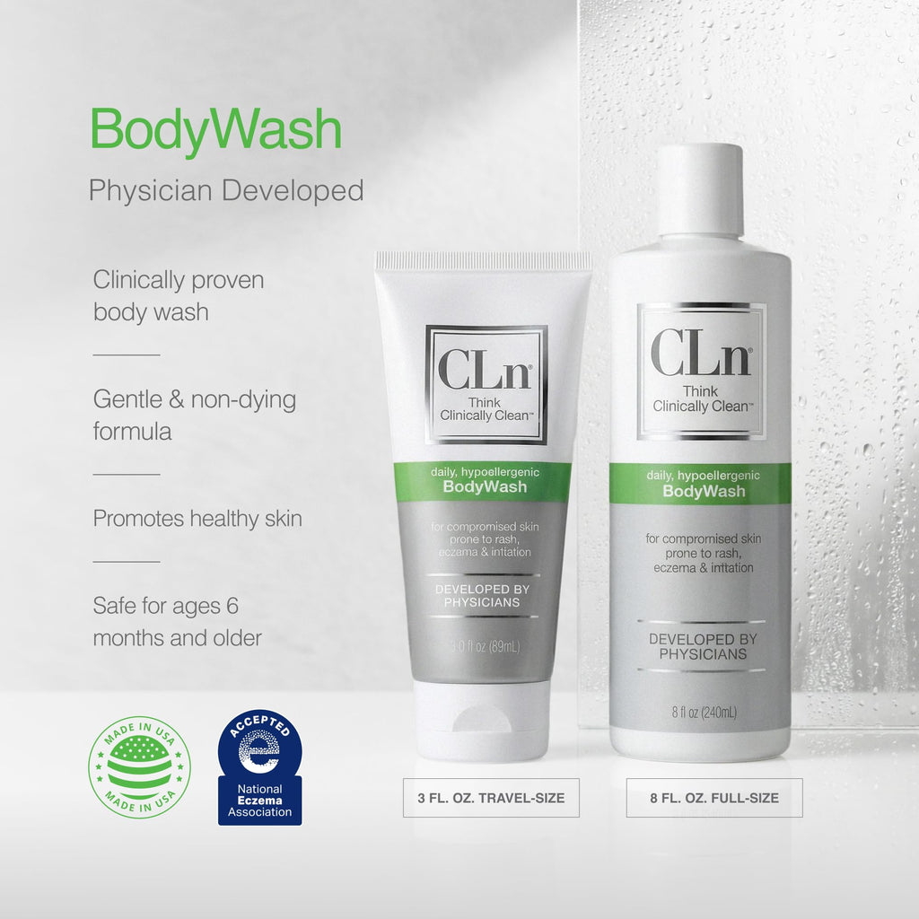 CLn® BodyWash – Non-Drying Body Wash Preserved with Sodium Hypochlorite, For Compromised Skin Prone to Eczema, Dermatitis, Rash & Hidradenitis Suppurativa, Fragrance-Free & Paraben-Free, 3 fl oz