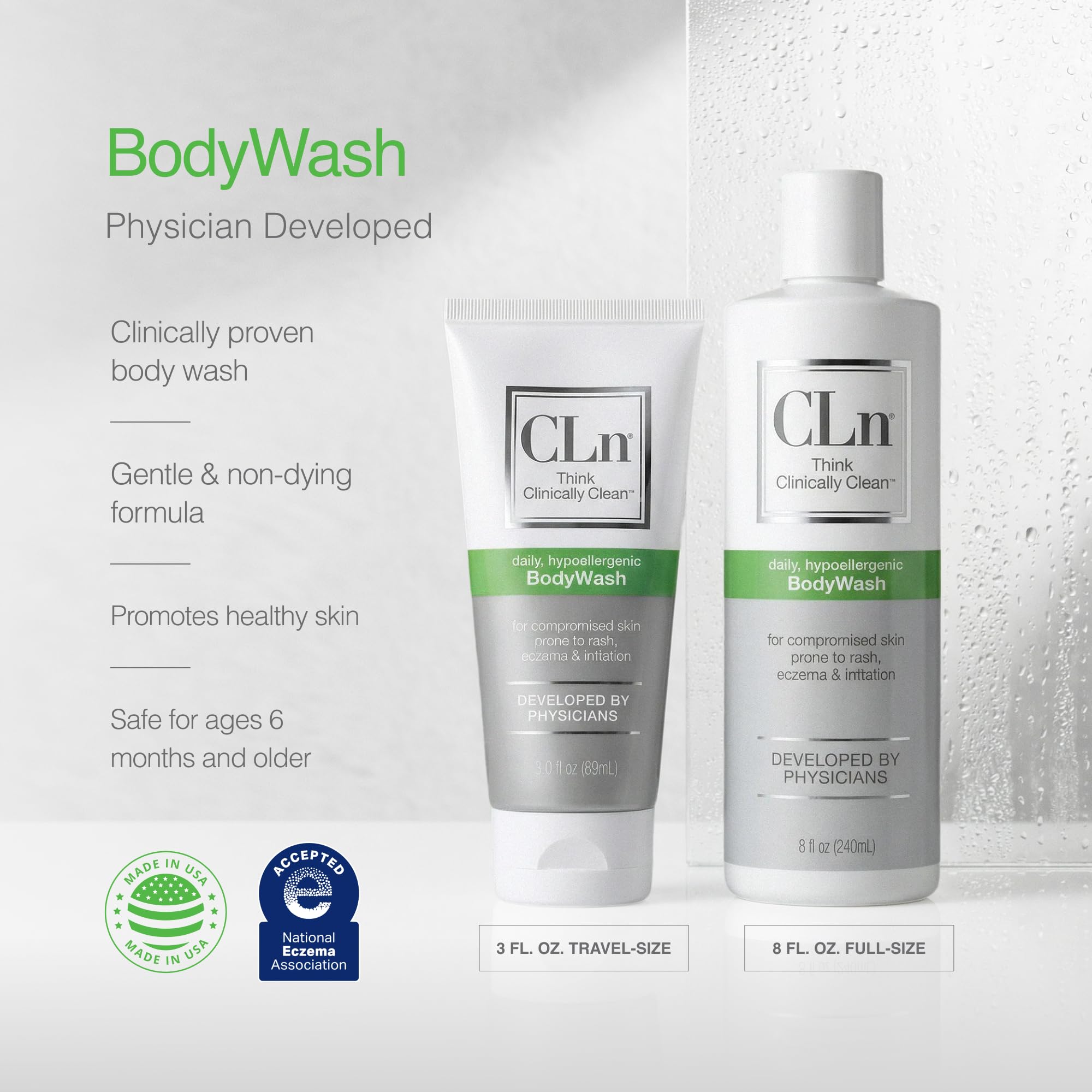 CLn® BodyWash – Non-Drying Body Wash Preserved with Sodium Hypochlorite, For Compromised Skin Prone to Eczema, Dermatitis, Rash & Hidradenitis Suppurativa, Fragrance-Free & Paraben-Free, 3 fl oz