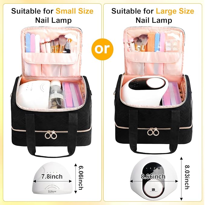 Veirdro Nail Polish Organizer Bag Holds 80 Bottles (15ml/0.5fl.oz)& Nail Lamp, Soft Nylon Nail Kit Storage Carrying Case with Shoulder Strap, Double Layer Nail Supplies Organizer Handbag Women Black