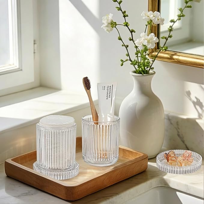 SheeChung Glass Qtip Holder Dispenser Set, 2-Pack Glass Apothecary Jars - Vintage Bathroom Vanity Organizer for Cotton Swabs, Balls, Pads, Floss Picks - Bathroom Accessories Decor