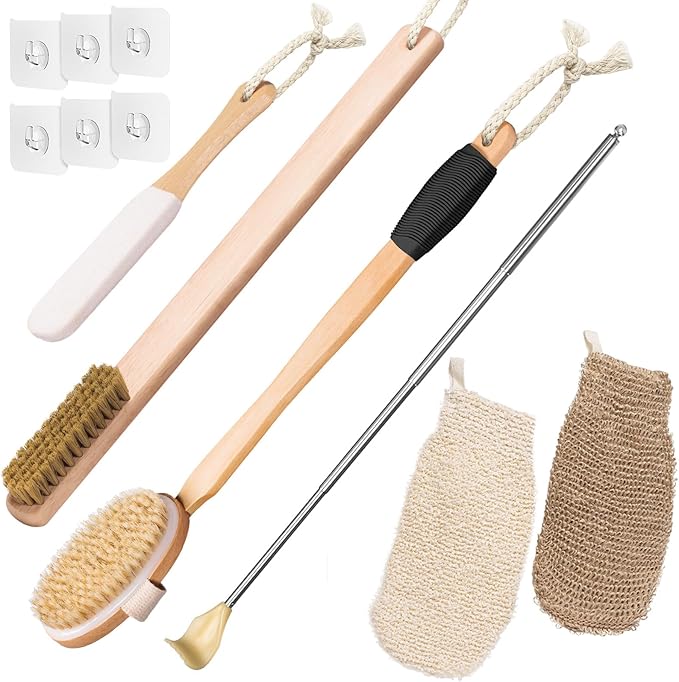 Vafada Wood Bath Brush,Long Handle Body Back Scrubber with Soft and Natural Bristles Antiskid Shower Brush Set for Bathroom Wet or Dry Exfoliating (6 Pack) (20.6'' Long Handle)