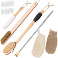 Vafada Wood Bath Brush,Long Handle Body Back Scrubber with Soft and Natural Bristles Antiskid Shower Brush Set for Bathroom Wet or Dry Exfoliating (6 Pack) (20.6'' Long Handle)