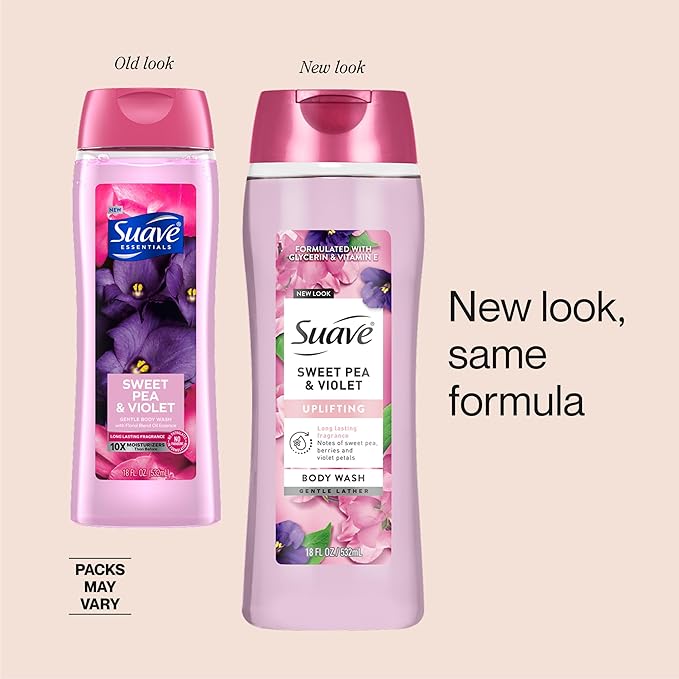 Suave Moisturizing Body Wash, with Sweet Pea Violet and Vitamin E Extract, No Parabens, No Phtahaltes, 18 Fl Oz (Pack of 6)