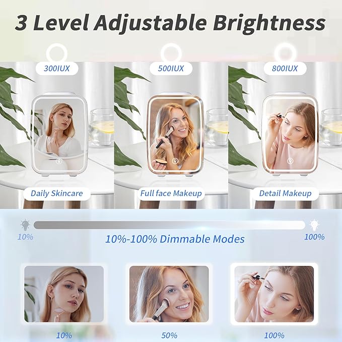 YASHE Skincare Fridge Mini Fridge for Bedroom with Dimmable LED Mirror, 4Liter/6 Cans Cooler and Warmer for Makeup, Cosmetic, Beauty, Portable Refrigerator for Bedroom, Vanity, Office and Car- White