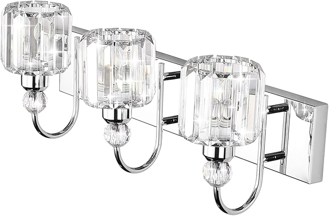Ralbay Modern LED Crystal Bathroom Vanity Lights 3-Lights Stainless Steel Crystal Vanity Lights Over Mirror Modern Crystal Bathroom Vanity Lighting Fixtures