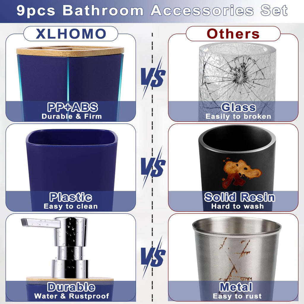 Bathroom Accessories Set, 9 Piece Navy Blue Bathroom Accessory Set with Trash Can,Toothbrush Holder,Toothbrush Cup,Lotion Soap Dispenser,Vanity Tray,Soap Dish,Toilet Brush,Qtip Holder