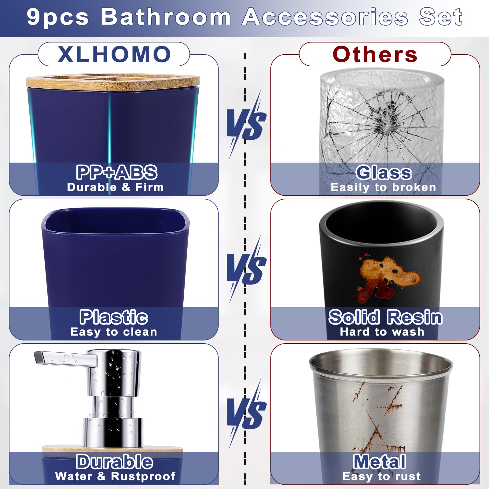 Bathroom Accessories Set, 9 Piece Navy Blue Bathroom Accessory Set with Trash Can,Toothbrush Holder,Toothbrush Cup,Lotion Soap Dispenser,Vanity Tray,Soap Dish,Toilet Brush,Qtip Holder