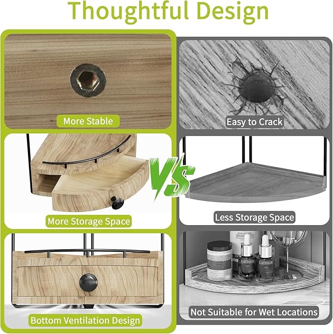 Aollewoiti 2-Tier Corner Bathroom Counter Organizer with Drawer, Wood color