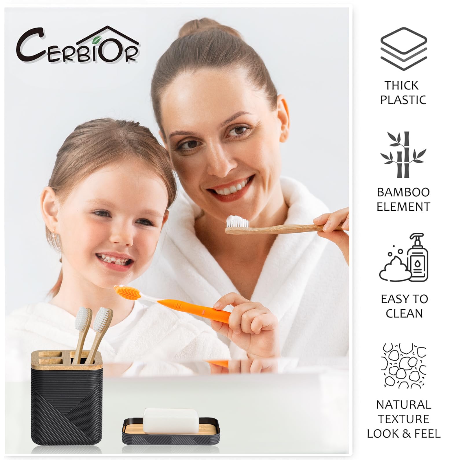 CERBIOR Bathroom Accessories Set 6 Piece Bamboo Bath Ensemble Includes Soap Dispenser, Toothbrush Holder, Toothbrush Cup, Soap Dish for Decorative Countertop and Housewarming Gift (Black)