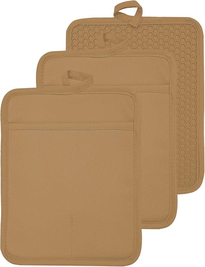 VEIKERY Oven Pot Holder with Pocket Cotton Heat Resistant Coaster Potholder Kitchen Hot Pad Oven Mitts for Cooking and Baking Square 7"x9" (Khaki, Silicone)
