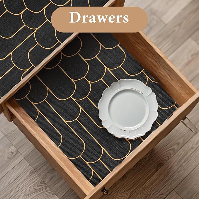 Shelf Liners for Kitchen Cabinets Drawer Liner 17.5in x 20FT Non Adhesive Black Gold Line Thickened Refrigerator Shelf Liner Paper Strong Easy to Clean for Tool Box with Knife and Tape Measure