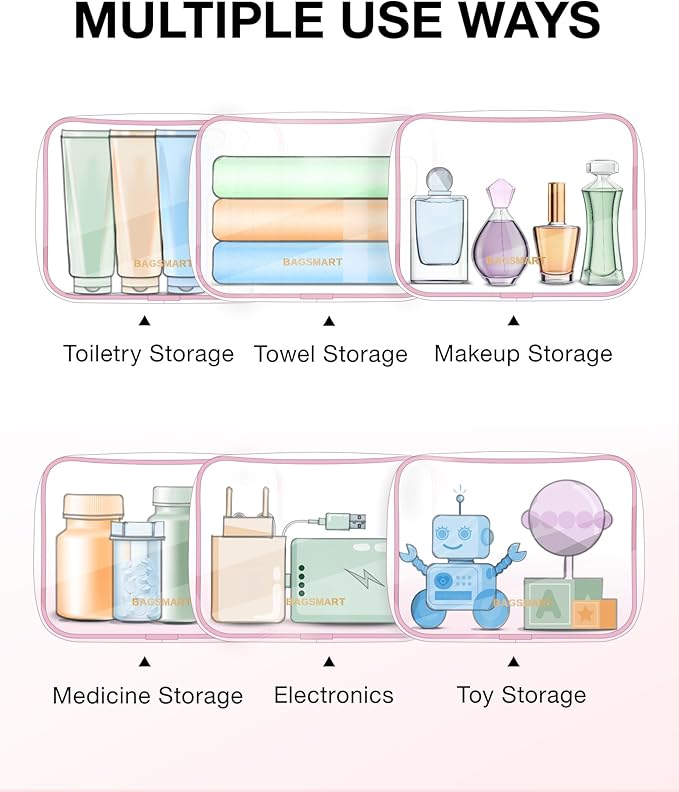 BAGSMART Clear Toiletry Bag 2-Pack TSA Approved Water-Repellent, Pink