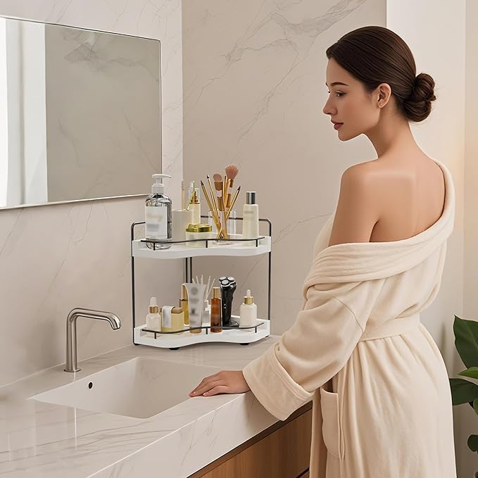 Aollewoiti 2-Tier Corner Bathroom Counter Organizer with Embedded Screw Holes, Secure & Stable Wood Vanity Shelf for Makeup and Skincare Essentials - Space Saving Bathroom Countertop Storage, White