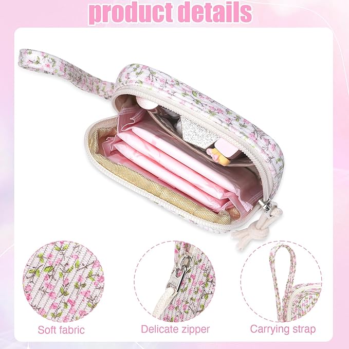 Chicarries Small Makeup Bag | Discreet Period Bag Pad Pouch for Purse | Sanitary Napkin Storage & Tampon Holder for Travel (Flower Pink)