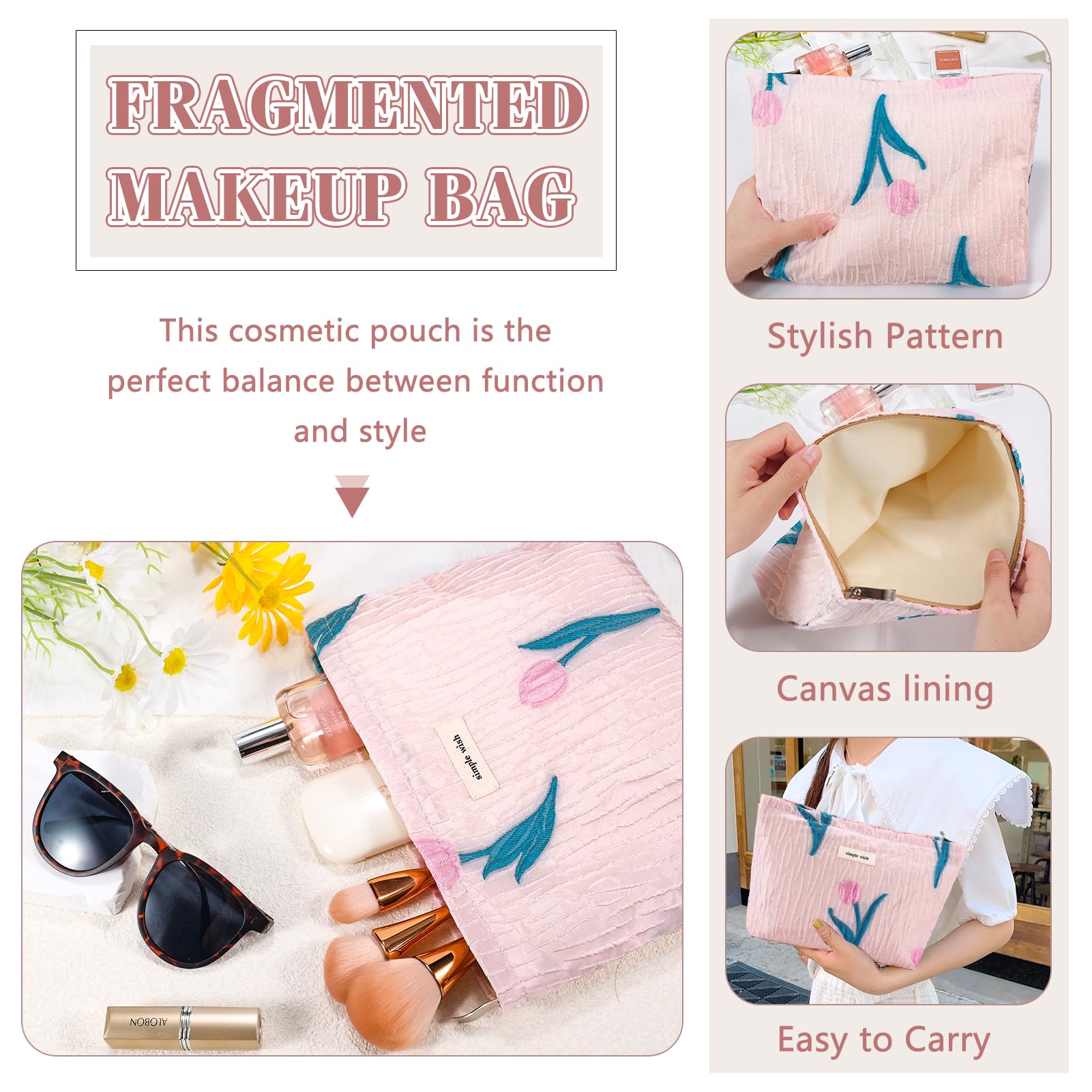 ZLFSRQ Lace Flower Makeup Bag Travel Cute Floral Cosmetic Bags for Women Large Toiletry Pouch Zipper Cosmetic Pouch for Purse Aesthetic Make up Organizer Bag Portable Toiletry Bags