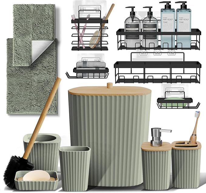 Clara Clark Bathroom Set - Christmas Bathroom Sets, Xmas Bathroom Accessories Set, 6PC Bathroom Accessory Set with Toilet Brush, Trash Can & Soap Dispenser