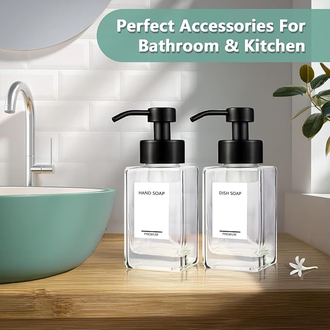 PLOUTA HOME Foaming Soap Dispenser 2 Pack, 12oz/350ml Glass Foaming Hand Soap Dispenser Set with Stainless Steel Pump, Square Refillable Foam Pump Bottles for Bathroom&Kitchen,Includes 6 Labels