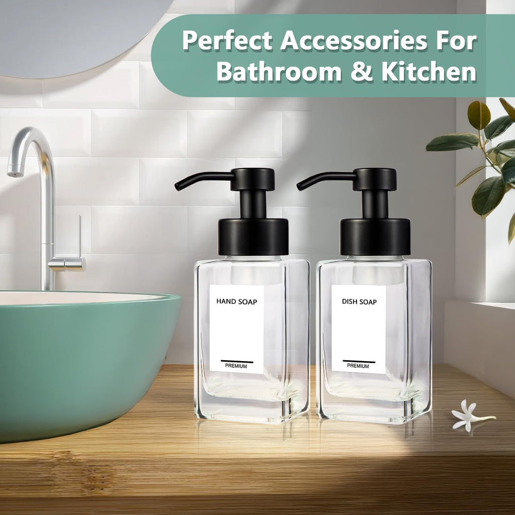 PLOUTA HOME Foaming Soap Dispenser 2 Pack, 12oz/350ml Glass Foaming Hand Soap Dispenser Set with Stainless Steel Pump, Square Refillable Foam Pump Bottles for Bathroom&Kitchen,Includes 6 Labels