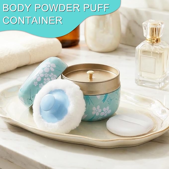 SHIMIDO Body Powder Puff and Container, 3.15" Portable Empty Body Powder Container for Baby Women's Loose Dusting Powder, Powder Case Box with Lids for Bath, Travel and Home Use (Cyan Flower)
