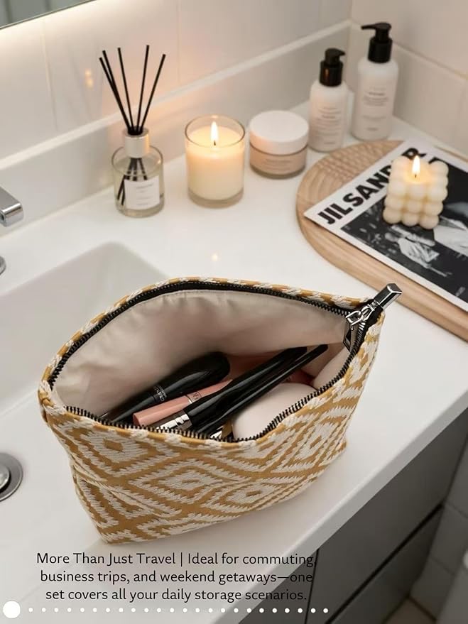 RIKMOXR Parallel Checkered Embroidery Yellow Makeup Bag for Women Girls - Large Capacity Cosmetic Pouch | Travel Toiletry Bag & Purse Organizer