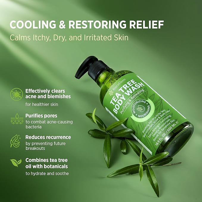 Roycederm Tea Tree Body Wash & Soap, Purifying and Refreshing Body Cleanser with Tea Tree Oil & Wormwood, Moisturizing Body Wash Helps Soothe Skin, Suitable for Men and Women, 16.9 Fl Oz