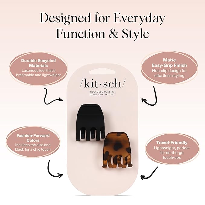 Kitsch Eco-Friendly Medium Claw Clips - Cute & Stylish Short Hair Accessories for Women, Girls | Ideal Size for Any Hairstyles, 2pcs (Black & Tortoise)