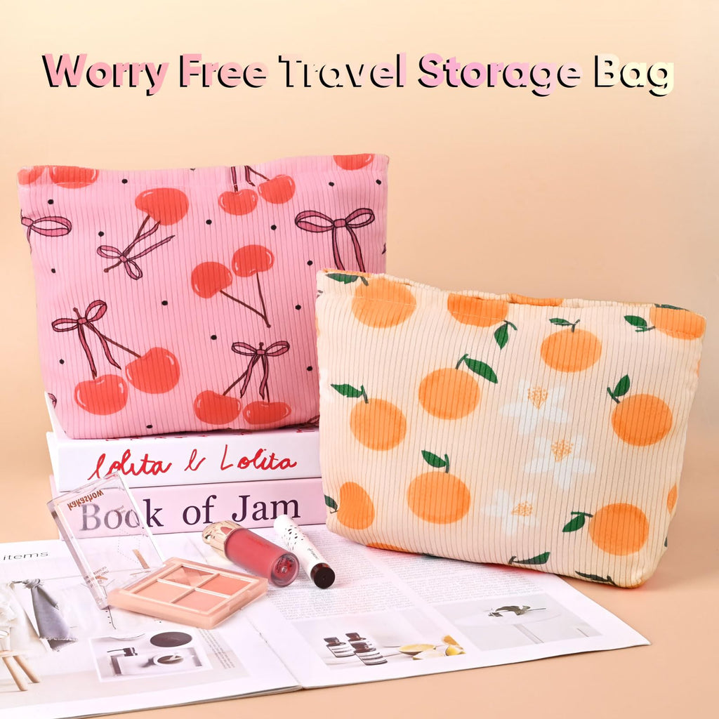 Ksriylm Cute Cherry Makeup Pouch for Women Small Make Up Bag for Purse Zipper Initial Makeup Cosmetic Bags Pouches for Purse Aesthetic Travel Toiletry Bags, Red Cherries Bows