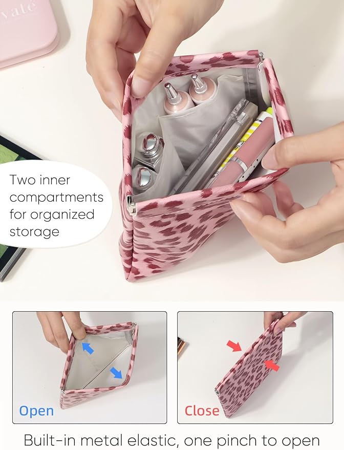 Ksriylm 2 Leopard Leather Small Makeup Pouches Set for Women,Cosmetic Accessories,Waterproof and Portable Cosmetic Bags,Self-closing,No Zipper, Aesthetic Storage Pouch,Lipstick for Purse, Pink