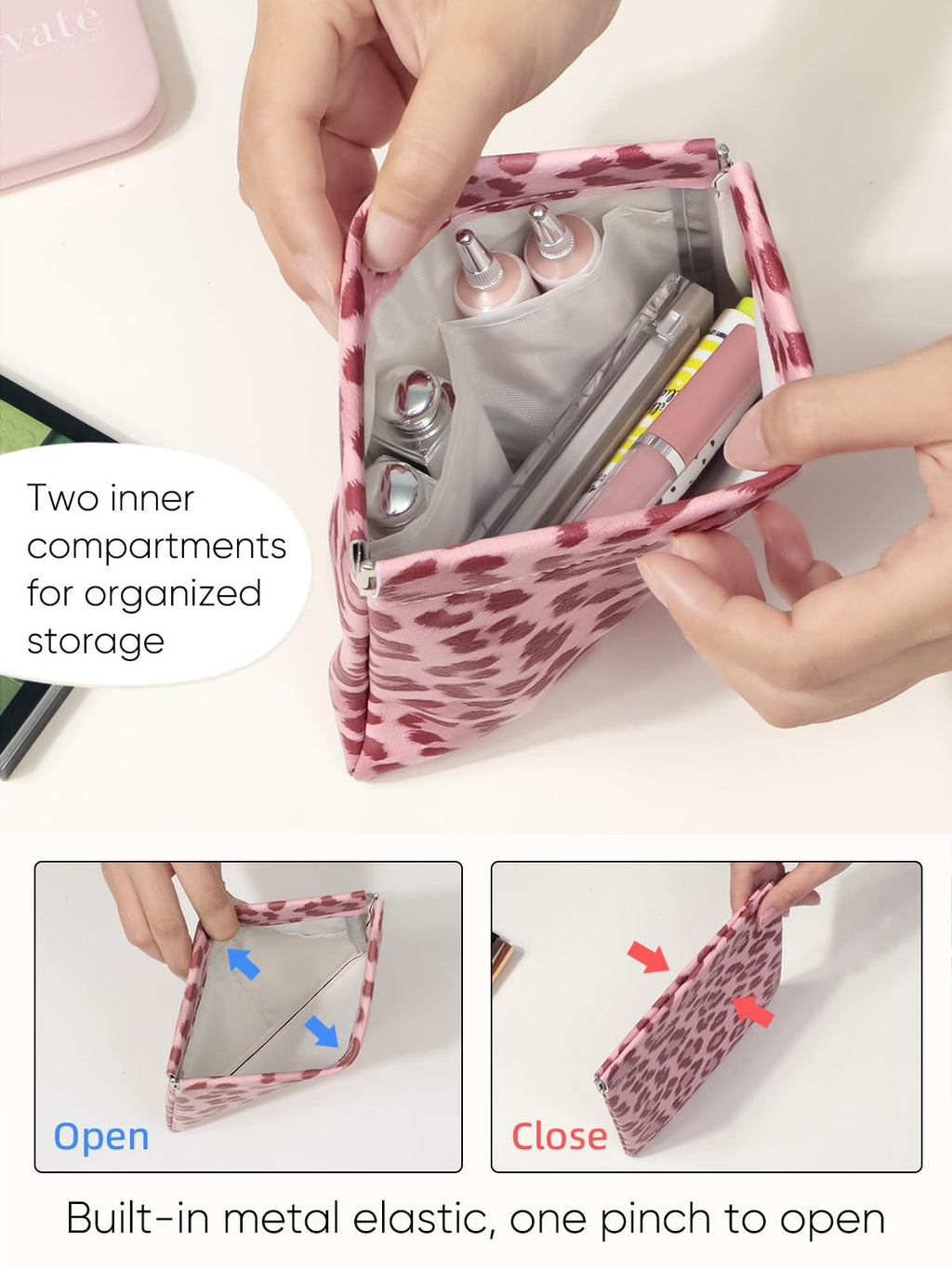 Ksriylm 2 Leopard Leather Small Makeup Pouches Set for Women,Cosmetic Accessories,Waterproof and Portable Cosmetic Bags,Self-closing,No Zipper, Aesthetic Storage Pouch,Lipstick for Purse, Pink