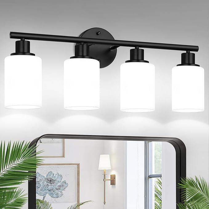 Zarbitta 4-Light Bathroom Light Fixtures, Black Modern Vanity Lights with Milky White Frosted Glass Shades, Bathroom Wall Lamp for Mirror Kitchen Living Room