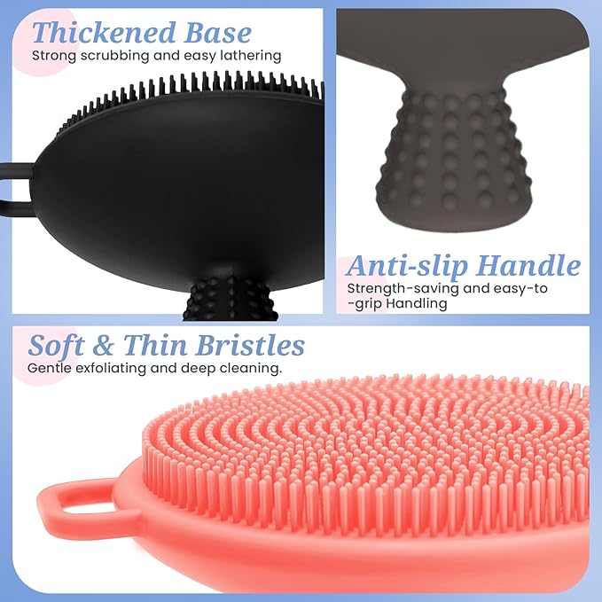 Silicone Face & Back Scrubber Set, Manual Face & Body Scrubber Exfoliator with Soft Bristles and Non-Slip Handle, Back Brush Bath Brush with 2 Detachable Brush Heads(3PCS Pink Set)