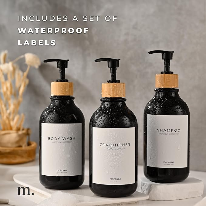 Shampoo and Conditioner Bottles Set of 3 Black Bamboo – Shower Shampoo Dispenser – Hotel Style Bathroom Upgrade by MaisoNovo