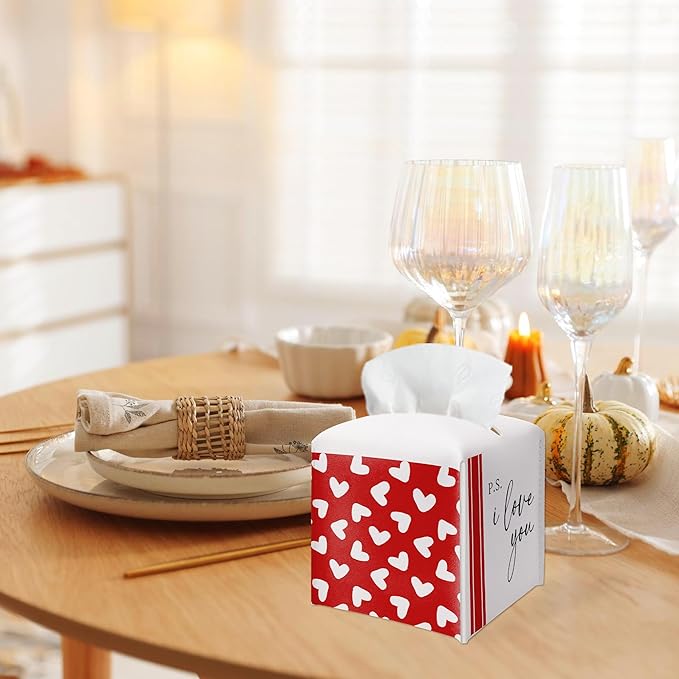 Red Heart Design Tissue Box Cover - I Love You PU Leather Waterproof Tissue Holder - Valentine's Day Facial Paper Organizer for Home Bathroom Office -Desk Valentines Day Decorative Dispenser Box-B08