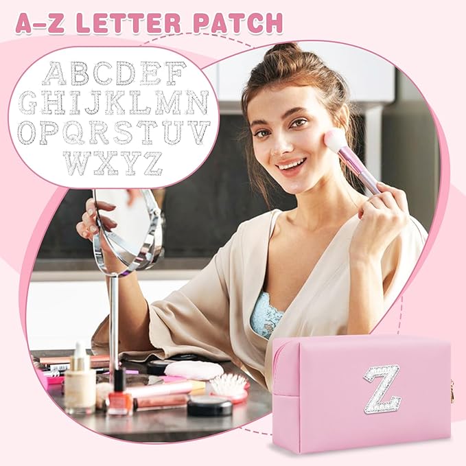 ChaoGreat Bride Gifts – Personalized Initial Makeup Bag with Pearl Rhinestone Patch, Preppy Pink Monogram Cosmetic/Toiletry Pouch, bridesmaid Gifts, Bridal Shower Gifts, Wedding Gifts, Bridal Gifts,Z