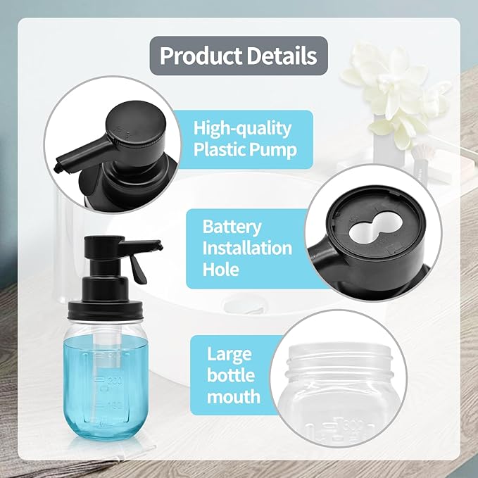12oz Automatic Touch Sensor Liquid Glass Soap Dispenser, Hands-Free Mason Jar Soap Dispenser, Refillable Lotion Bottle for Bathroom Kitchen Countertop (Batteries Not Included)