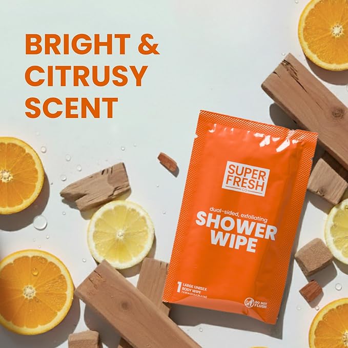 Super Fresh Shower Body Wipes, Travel Essentials for Camping, Large Citrus Wipes for Adults, Women, Men, Kids Personal Hygiene Cloth Enriched with Aloe and Vitamin E, Individually Wrapped 20 Pack