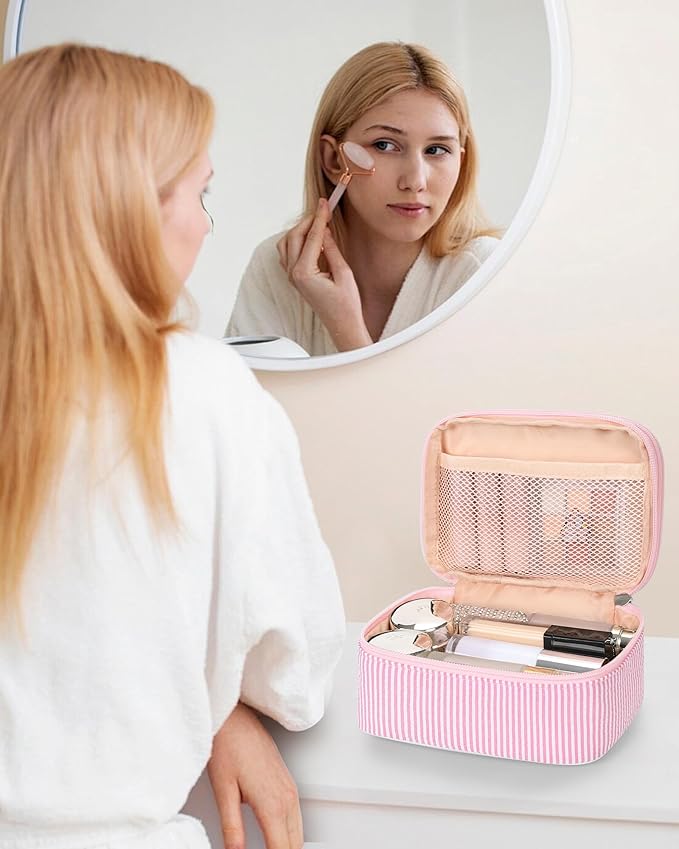 Relavel Travel Makeup Bag, Small Pink Cosmetic Bag with 2 Makeup Brush Holders, Portable Compact Makeup Pouch for Women, Cute Toiletry Bag with Double Layer Organizer, Pink Strip