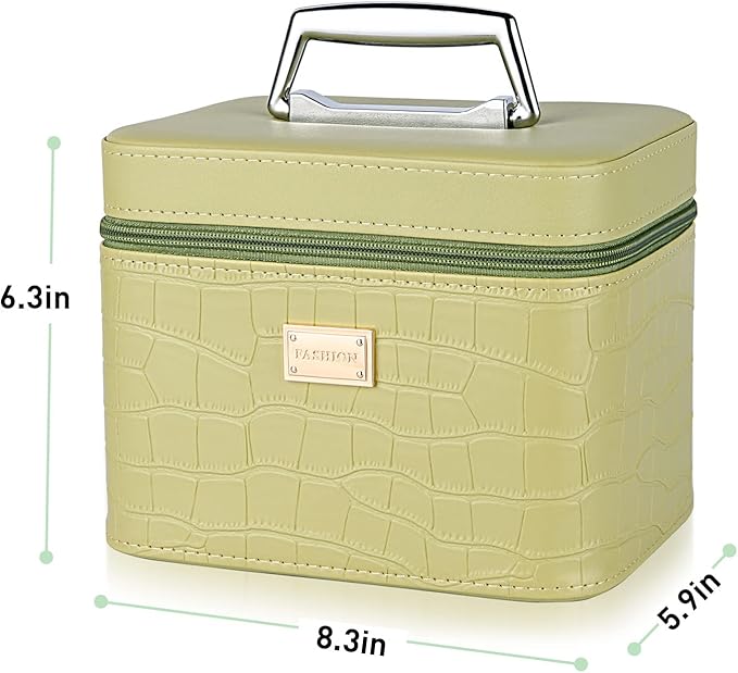 Sluxa Fashion makeup box, Portable leather hard cosmetic case with mirror, Professional train case make up box for women adults. (Green)