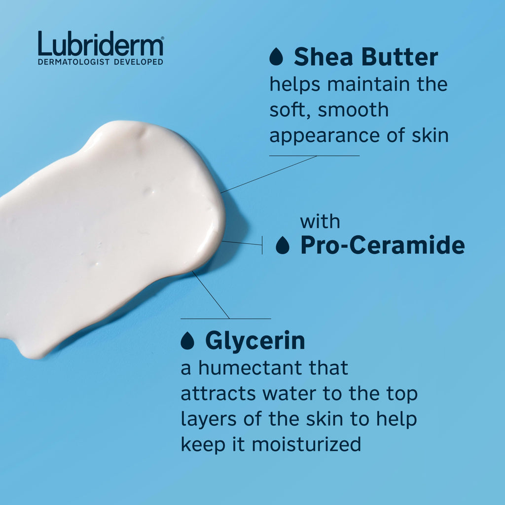 Lubriderm Daily Moisture Body Lotion + Pro-Ceramide, Body Lotion for Dry Skin, Shea Butter, Glycerin, Lightly Scented Hand Lotion, Non-Greasy 24-Hour Moisturizer, Paraben & Dye Free, 24 Fl Oz