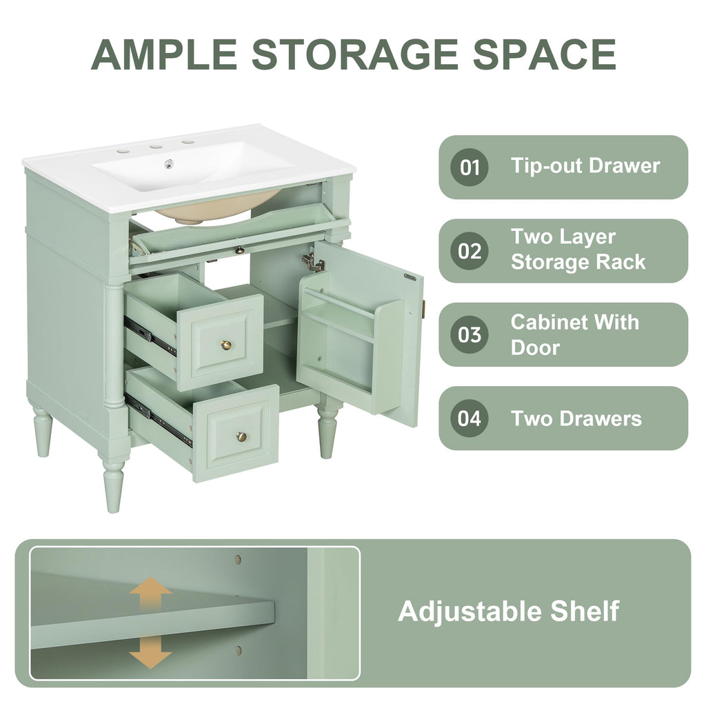 Harper & Bright Designs 30" Bathroom Vanity with Sink, Free Standing Bathroom Vanity Set with Flip Drawer, 2 Drawers, and Adjustable Shelf, Wood Storage Cabinet with Ceramic Basin for Bathroom, Green