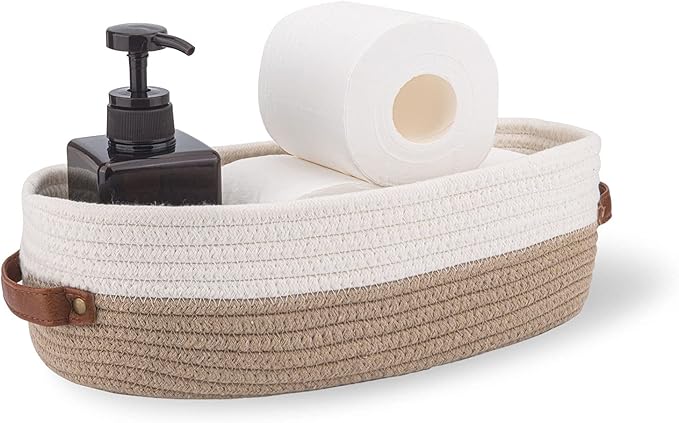 Oradrem Cotton Rope Bathroom Decor Basket,Toilet Paper Holder Basket,Farmhouse Home Decor Organizing Baskets 13"x5.9"x4" Brown Stitching White