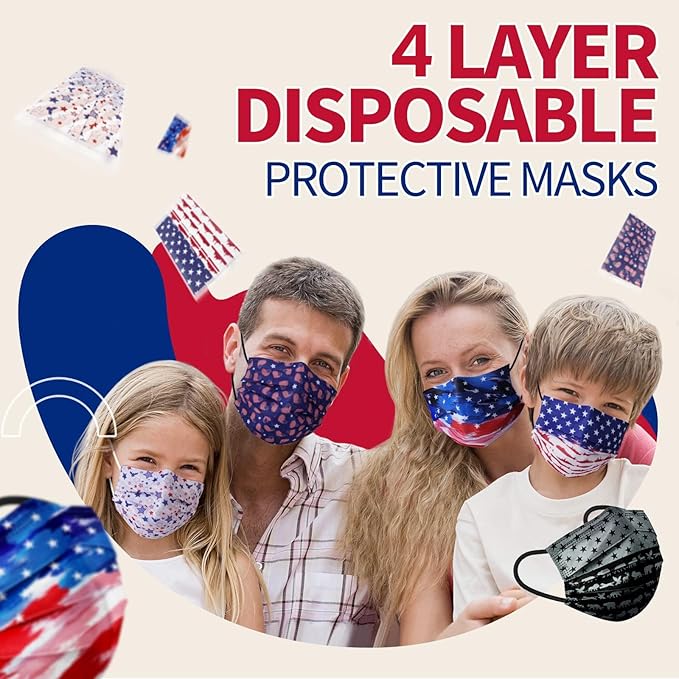 Disposable Face Mask for Adults - USA Flag Designs Masks, 4 Ply Masks Disposable 50 Pack, Colorful Dust Protective Breathable Individually Wrapped FaceMask for Women Men