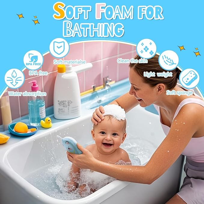 JieLiLeHome Baby and Kids Bath Loofah Sponge, Soft and Absorbent Toddler Exfoliating Body Scrubber Shower Loofa Sponge,Cute Pattern Design for Kids Baby Women Boys and Girl, 3 Pack (Bear/Dog/Cat)