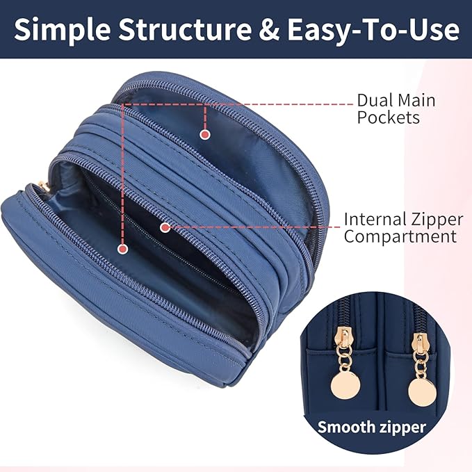 XIAOLER Small Makeup Pouch, Double Zipper Cosmetic Bag, Travel Makeup Bag, Cute Makeup Bag for Purse, Mini Toiletry Bag (Sapphire)
