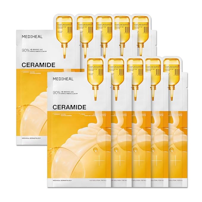 Mediheal Essential Face Mask [Ceramide] Moisture Barrier 10 pcs. with 90% Ceramide, Panthenol for Intense Hydration & Skin Barrier & Daily Skin Nourishment - Vegan Formula Korean Beauty Sheet Mask